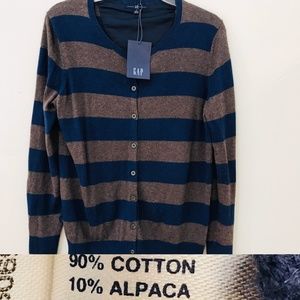 Gap Womens Cardigan L Striped Blue Navy Tan Alpaca